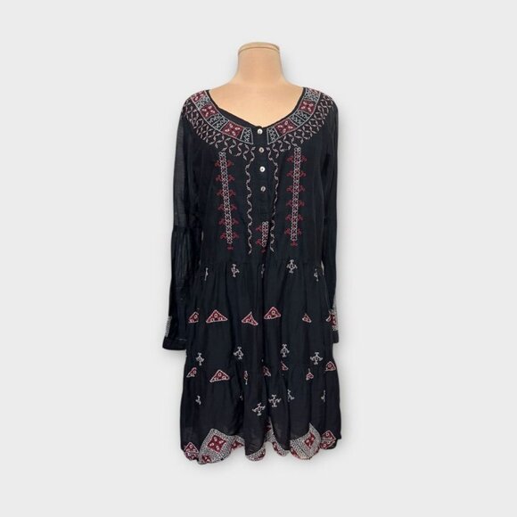 Johnny Was Black Embroidered Dress M Ava Peasant Black Red Long Sleeve EUC - Picture 2 of 9